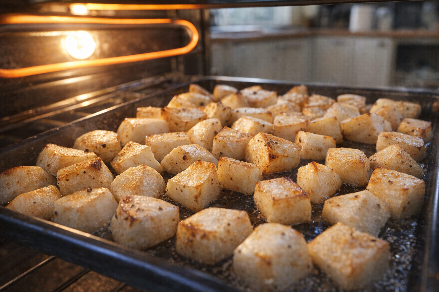 A close-up shot of turnips roasting on a sheet pan inside an oven, visible heating elements, golden brown edges, bright oven light